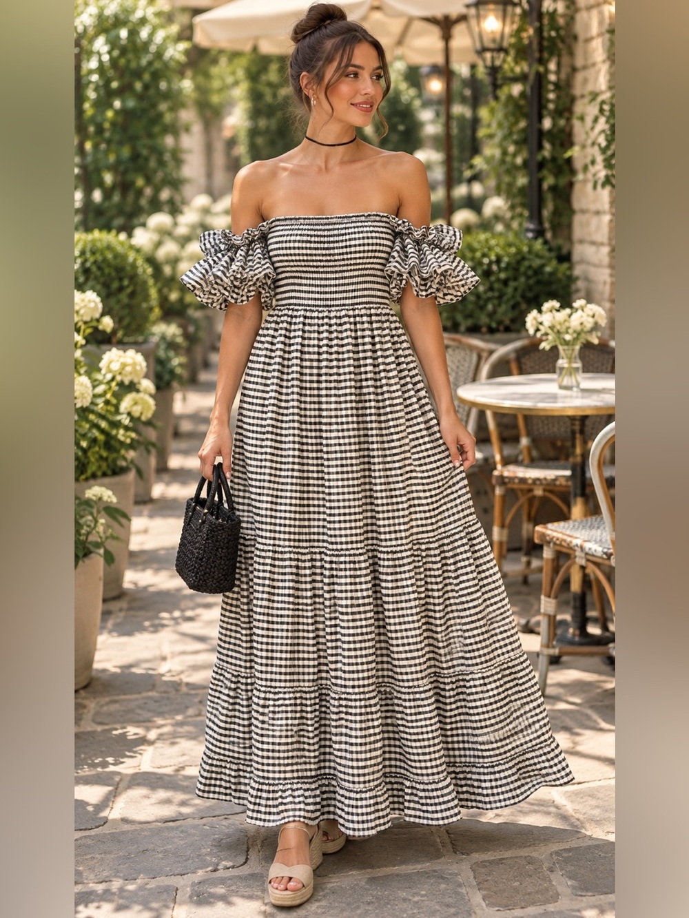 NEW Promesa Black and White Striped Puff-Sleeve Maxi Dress